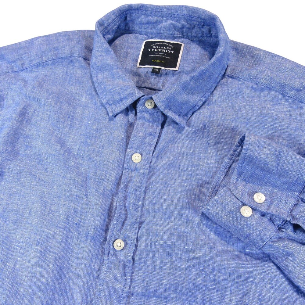 Charles Tyrwhitt Mens Button Up Shirt 2XL Classic Fit Light Blue 100% Linen